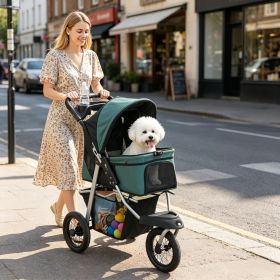 Folding car suitable for puppies, with 12 inch dark green rubber wheels, maximum weight capacity of 22 pounds