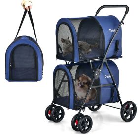 4-in-1 Double Pet Stroller with Detachable Carrier and Travel Carriage (Color: Blue)